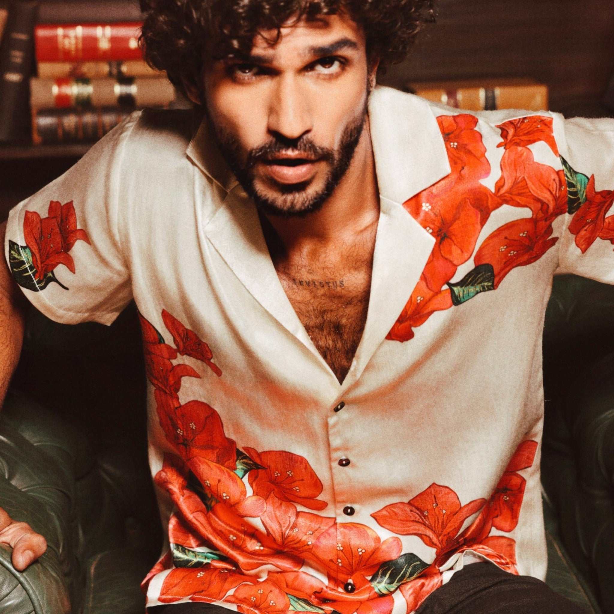 model wearing Laylow Shirt made from breathable silk-like Cupro fabric inspired by Hawaii