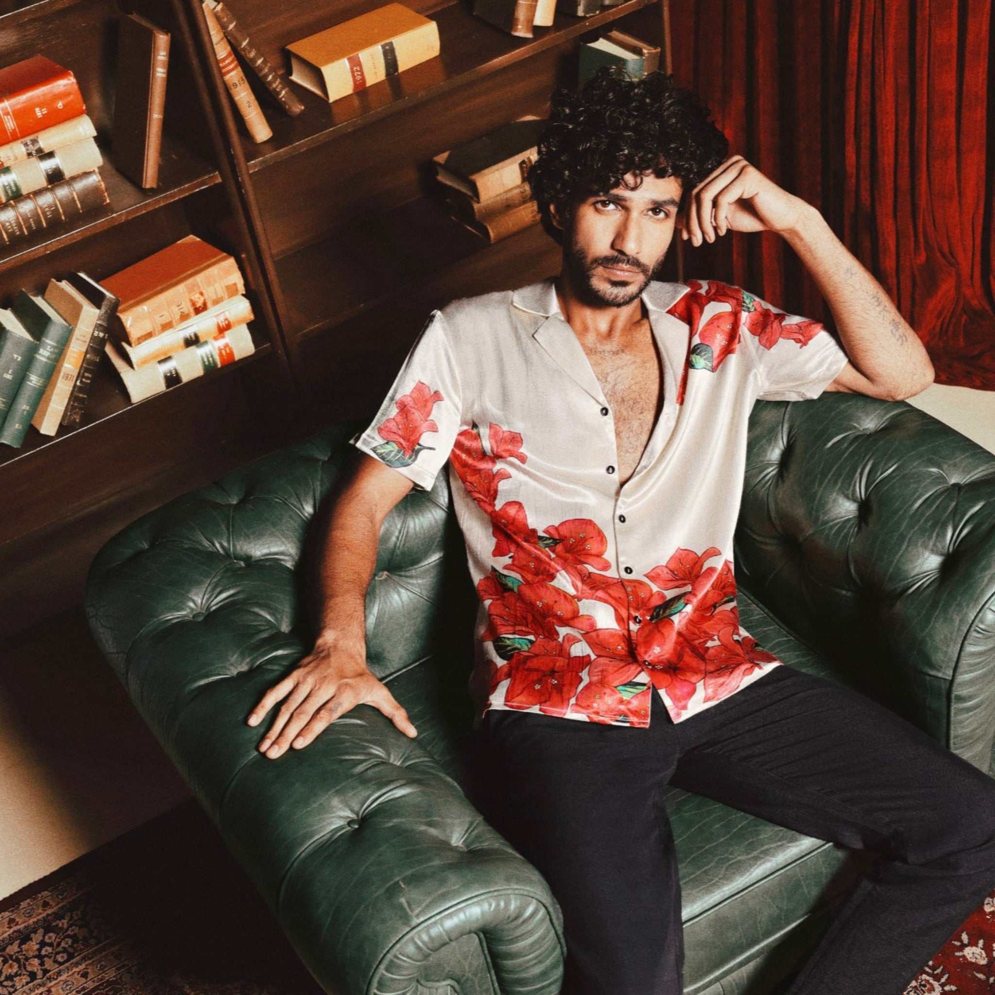 model wearing Laylow Shirt made from breathable silk-like Cupro fabric inspired by Hawaii