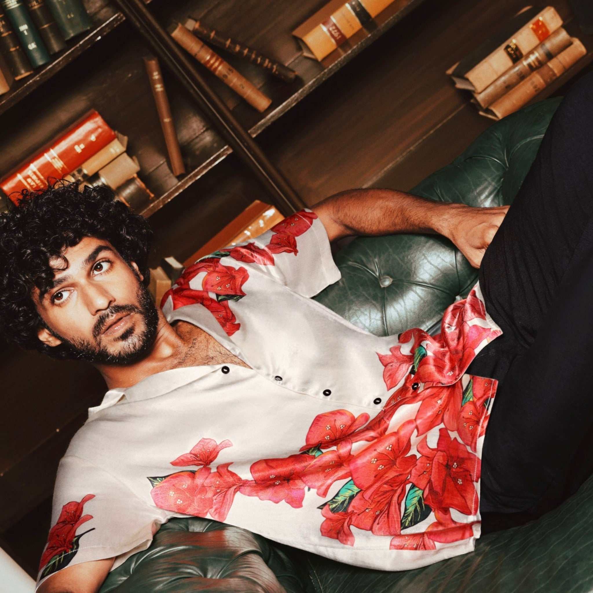 model wearing Laylow Shirt made from breathable silk-like Cupro fabric inspired by Hawaii