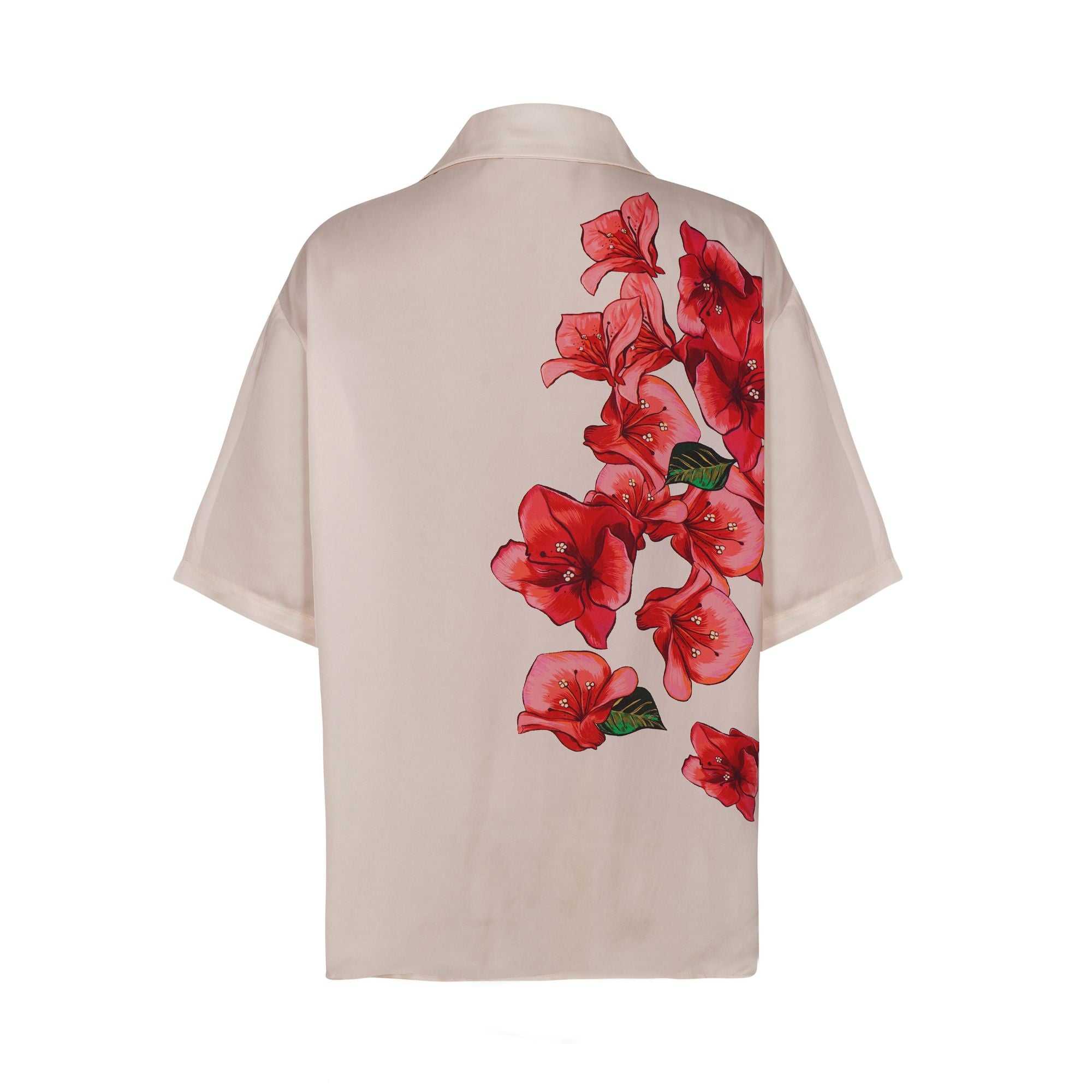 Back view of Laylow shirt, showing bouganvillea placement pattern