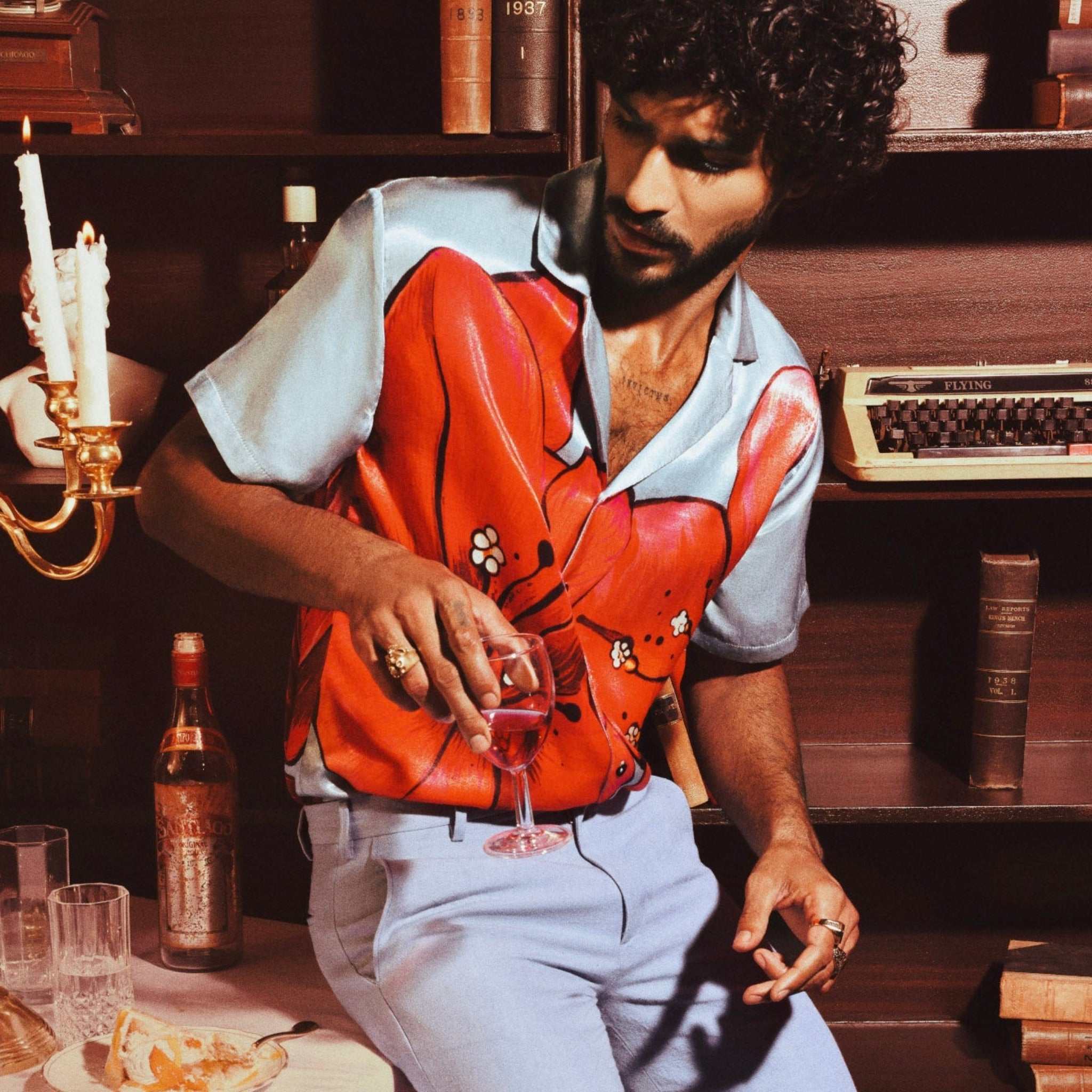 Assam Shirt with large bougainvillea print in breathable silk-like Cupro fabric