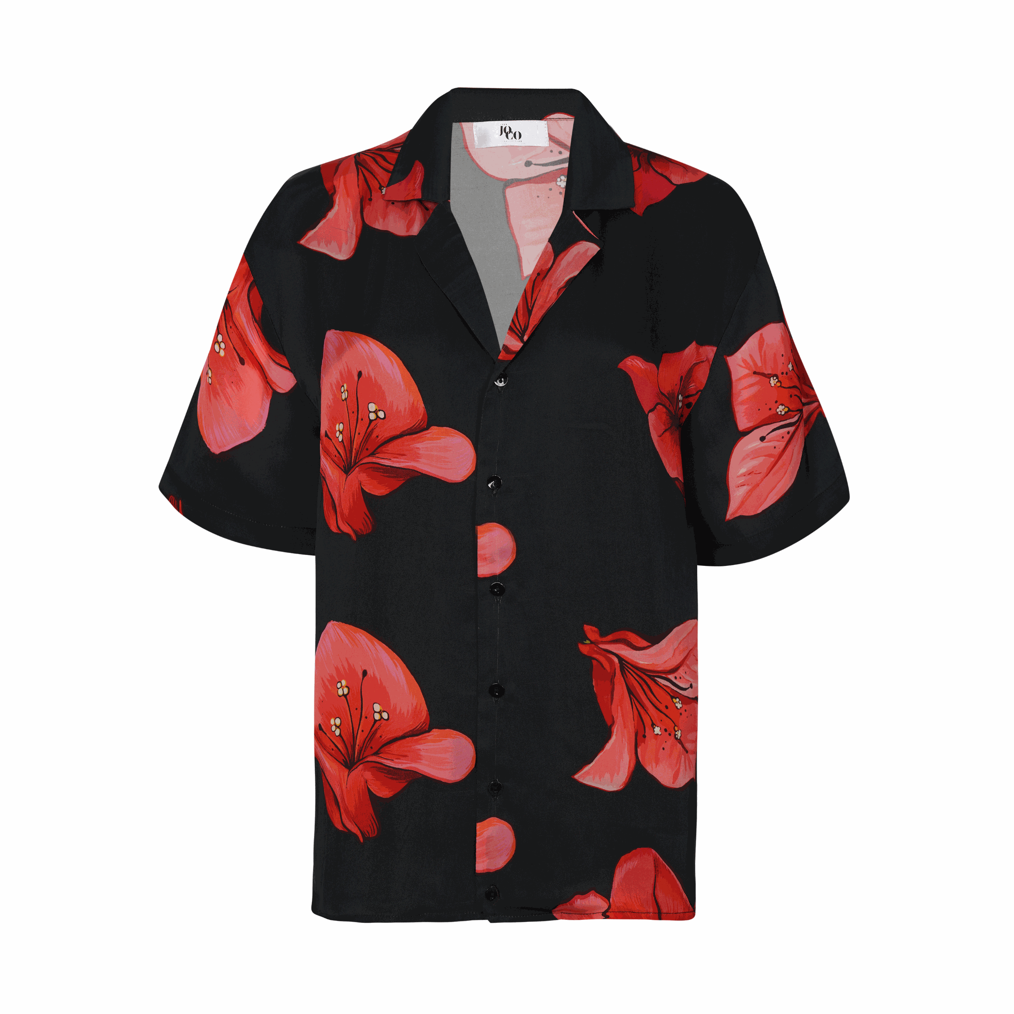Front View of Chinati Shirt , bouganvillea all over print on black, made of luxurious breathable Cupro fabric inspired by West Texas minimalism.