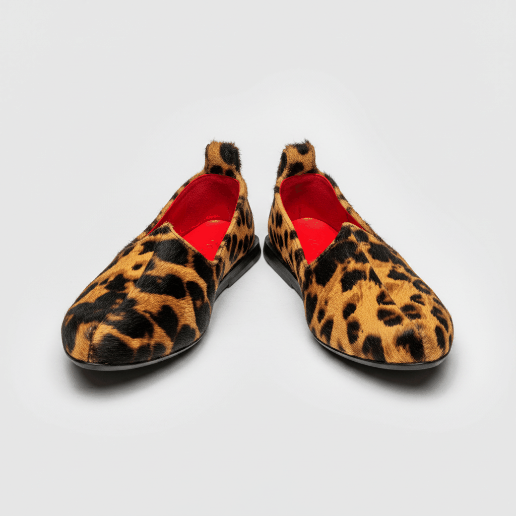 Leopard print loafers with red insoles on a light gray background
