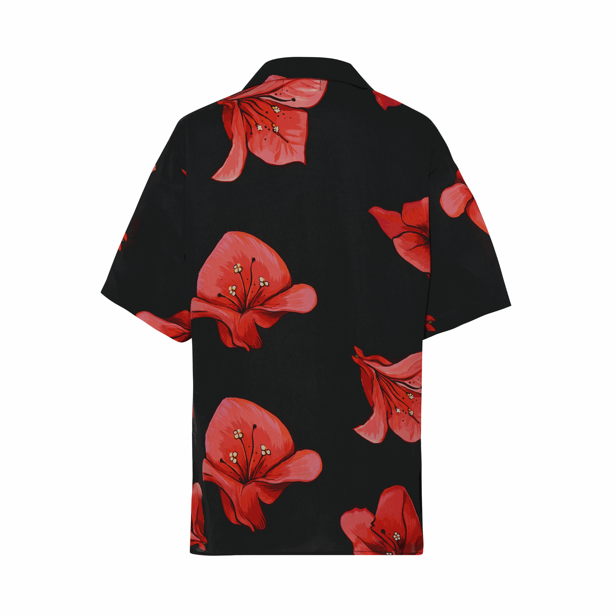 Back view of Chinati Shirt , bougainvillea all over print on black, made of luxurious breathable Cupro fabric inspired by West Texas minimalism.