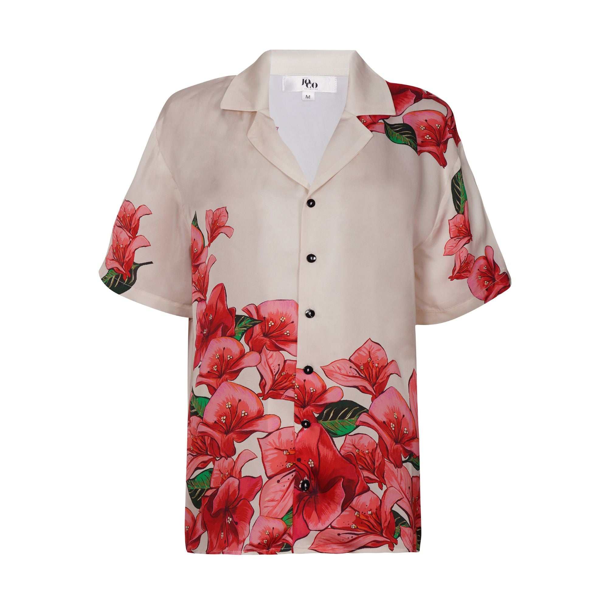 Front view of Laylow shirt, showing bougainvillea placement pattern