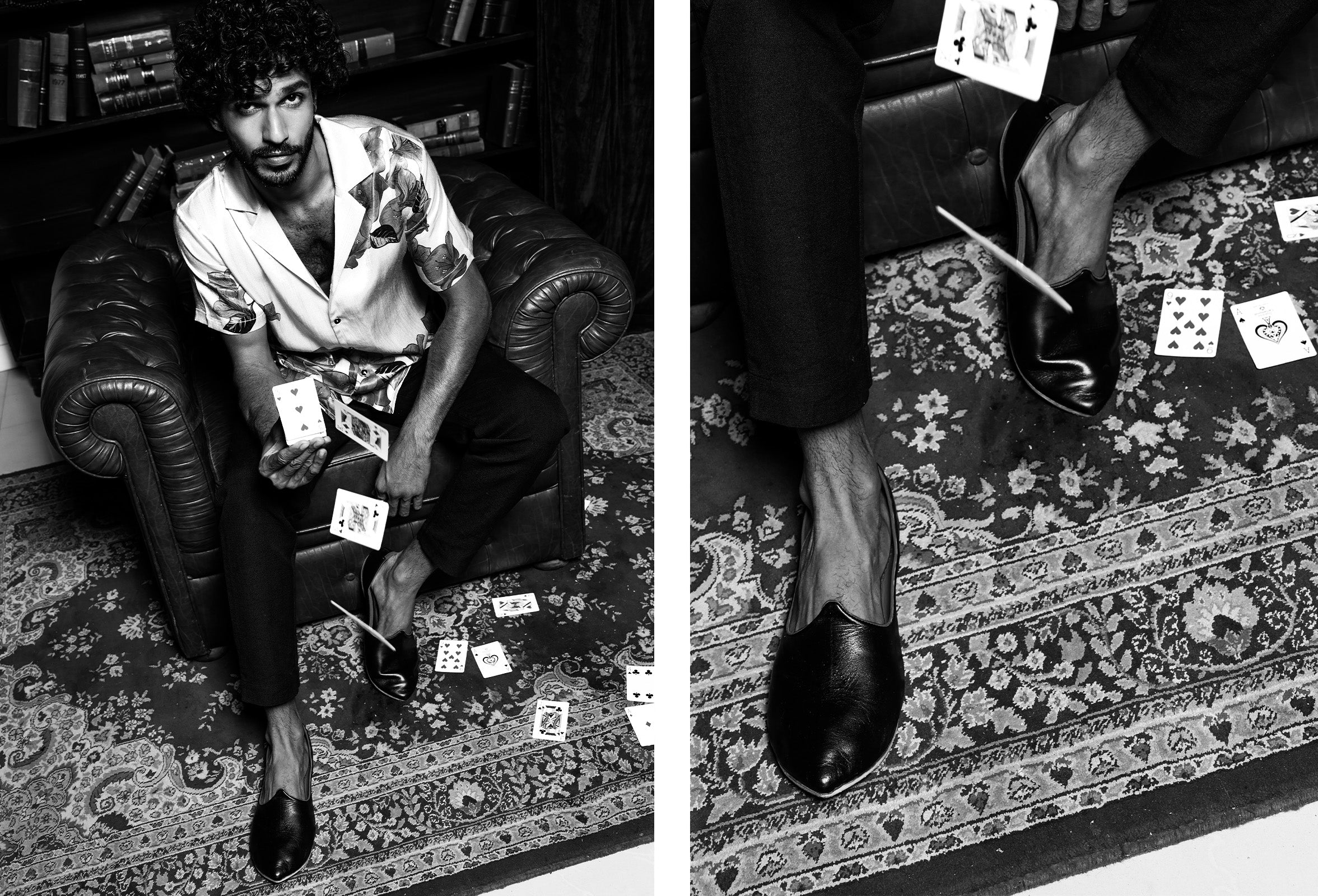 JOCO Rajasthani handmade Mojri shoes in Black and White. Model sitting on a couch on a carpet, image in black and white tossing playing cards. 