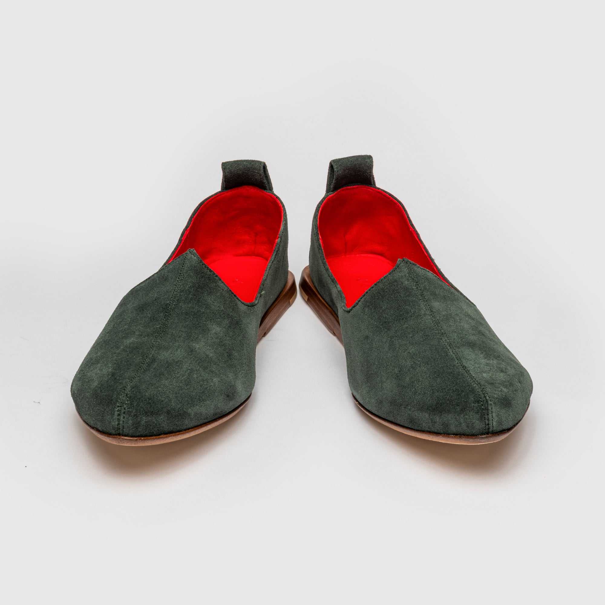 Women’s suede Mojri loafers inspired by Rajasthani design, handcrafted in Italy for elegant casual wear
